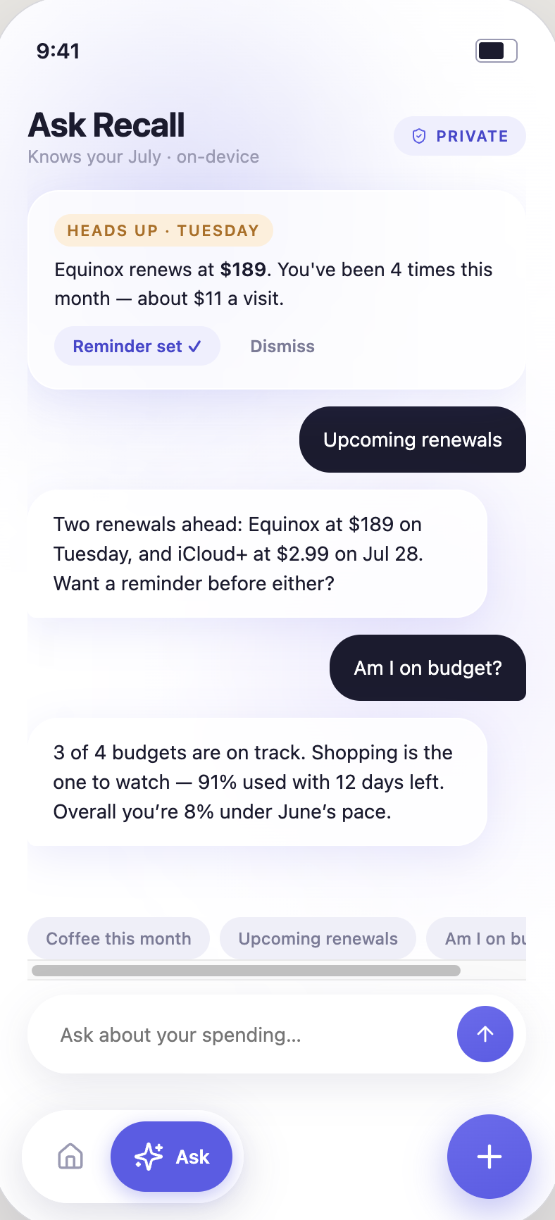 Ask Kioku chat: upcoming renewals and budget status answered in plain language
