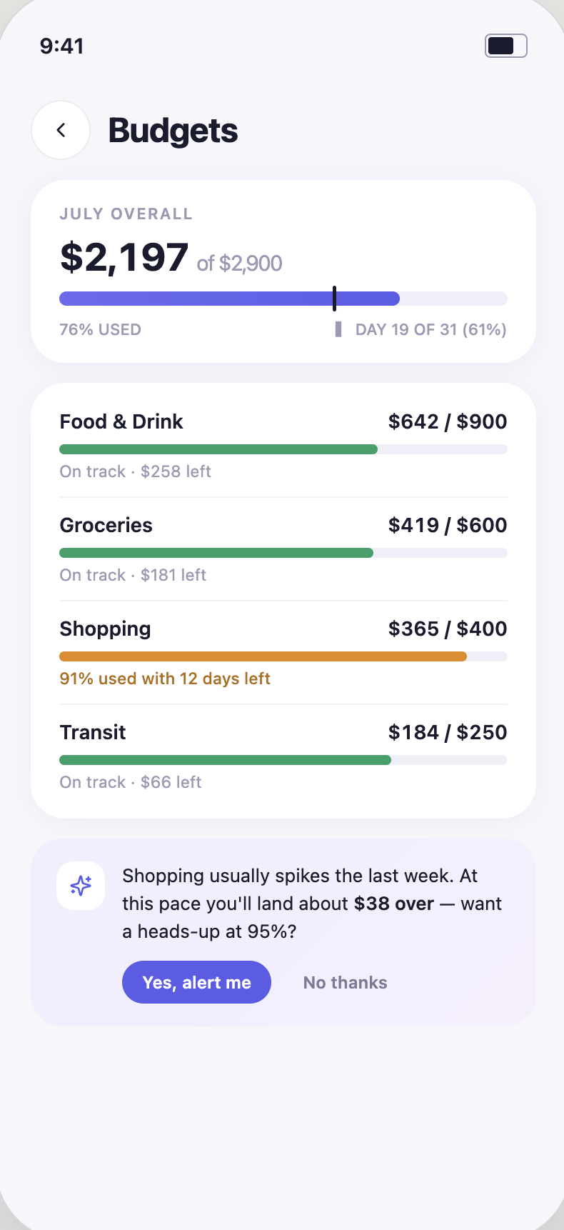Budgets screen with a proactive overspend alert