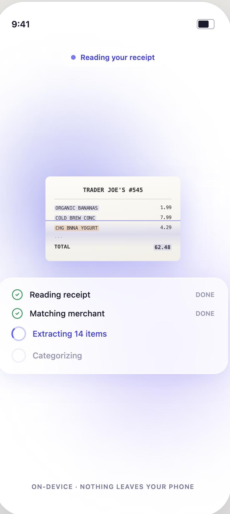 Receipt being read and itemized automatically