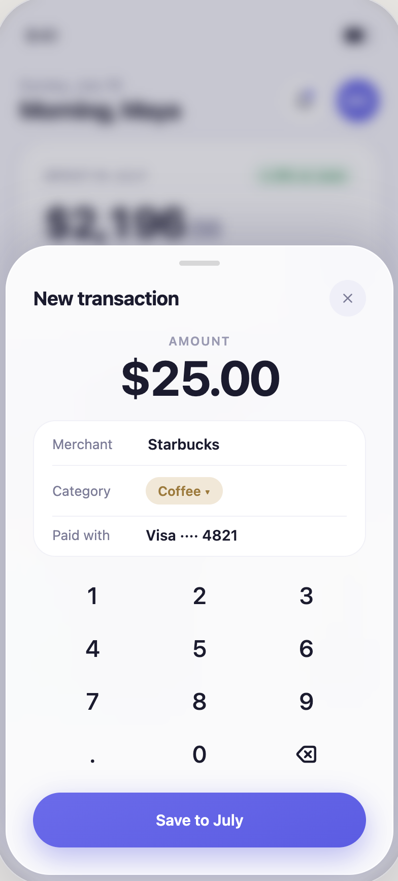 Quick manual entry keypad for a new transaction