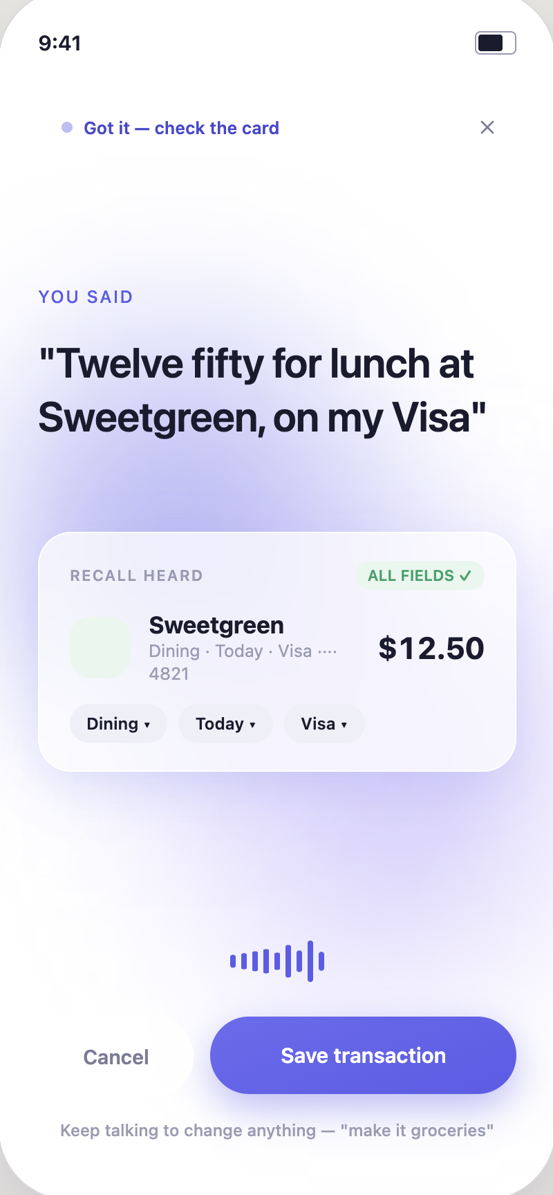 Voice capture screen updating live as you speak